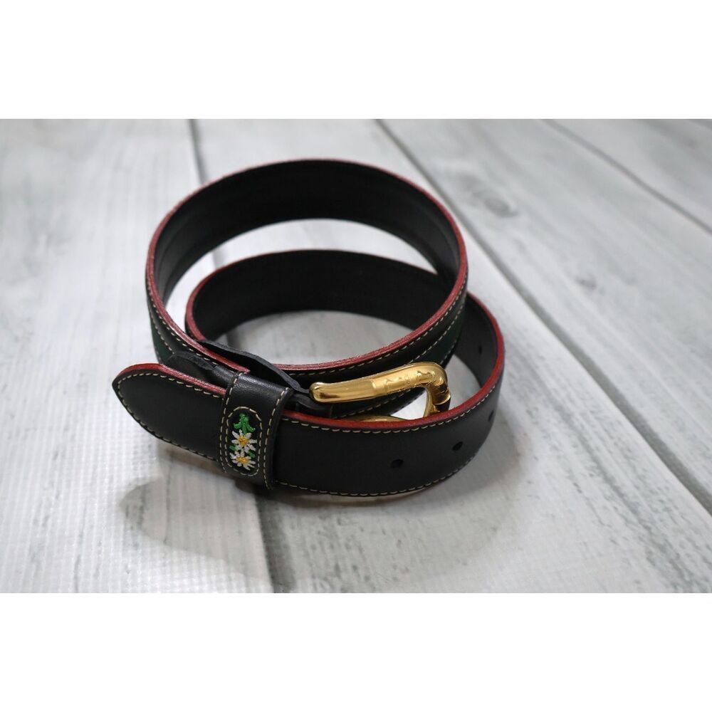 Vintage Swiss Folk Michel Jordi Women's Leather Belt Cow Print Golden Buckle